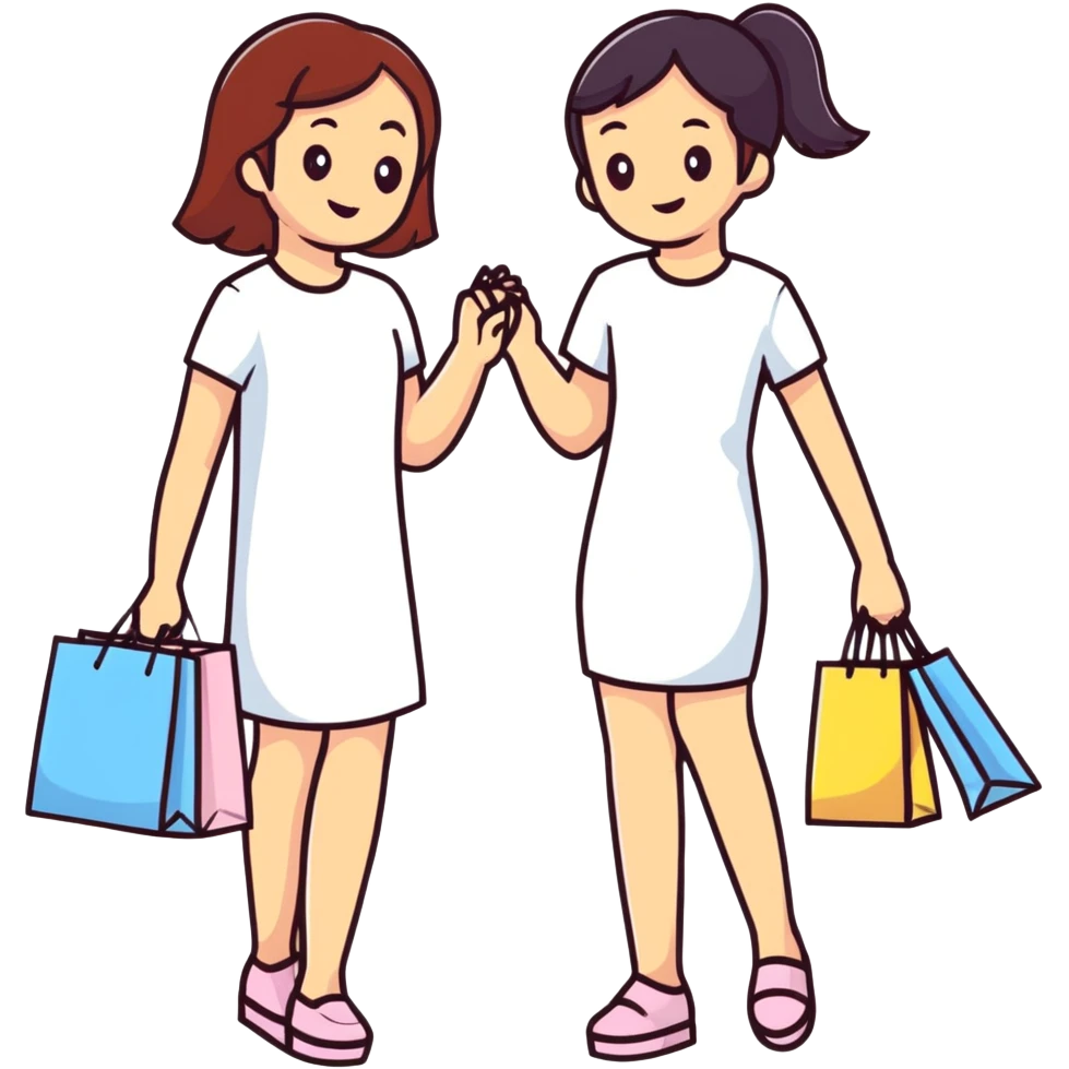 Two girls helping each other carry shopping bags emoji