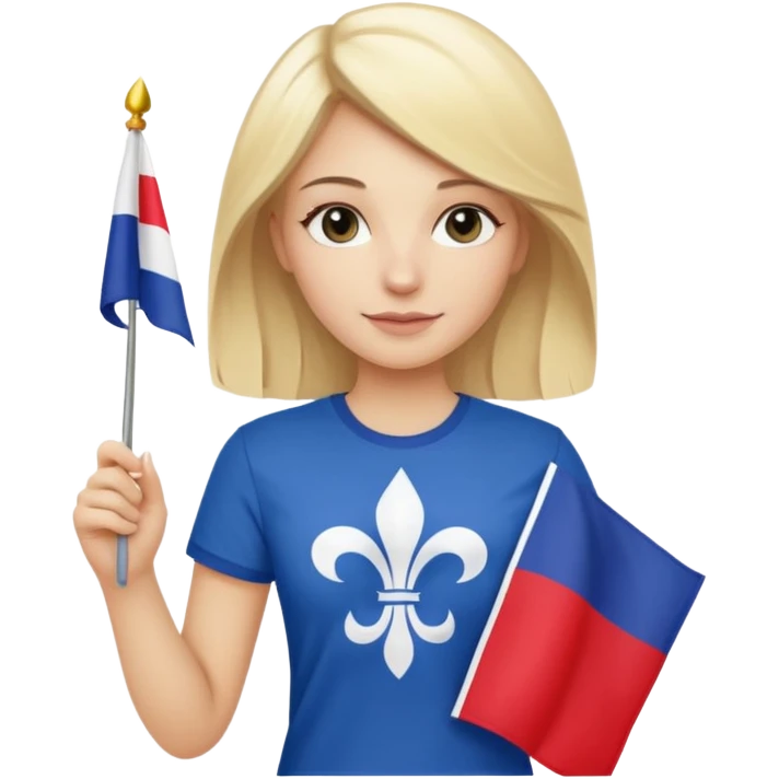 White woman with blonde hair holding a French flag in hand with a fleur-de-lily t-shirt emoji