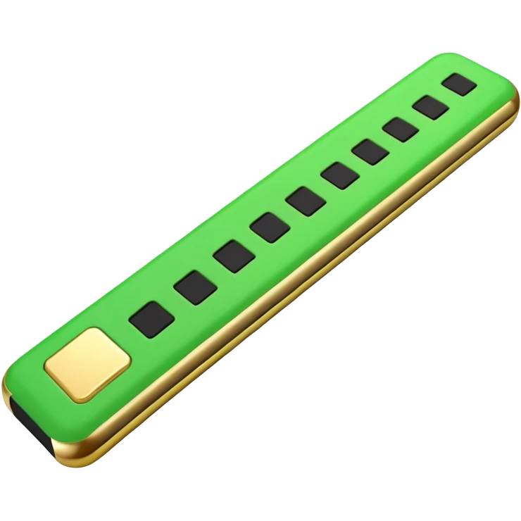 Apple-style 3D emoji of a simplified RAM stick, cartoon-style but recognizable, green with gold edge and black squares representing memory chips. emoji