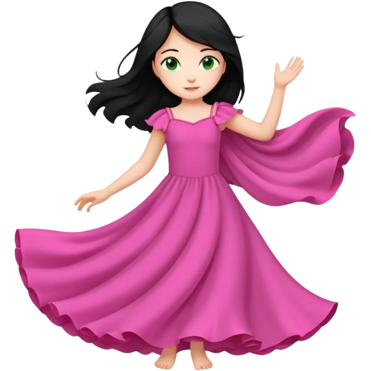Una chica de 10 años volando con la piel clara el pelo negro y los ojos verdes con un vestido largo y rosa emoji