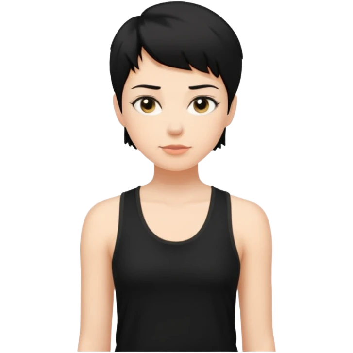 a white woman with short tomboy black hair wearing men's black tank top emoji