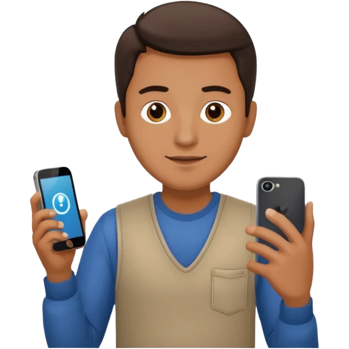 man casual clothes holding a phone emoji