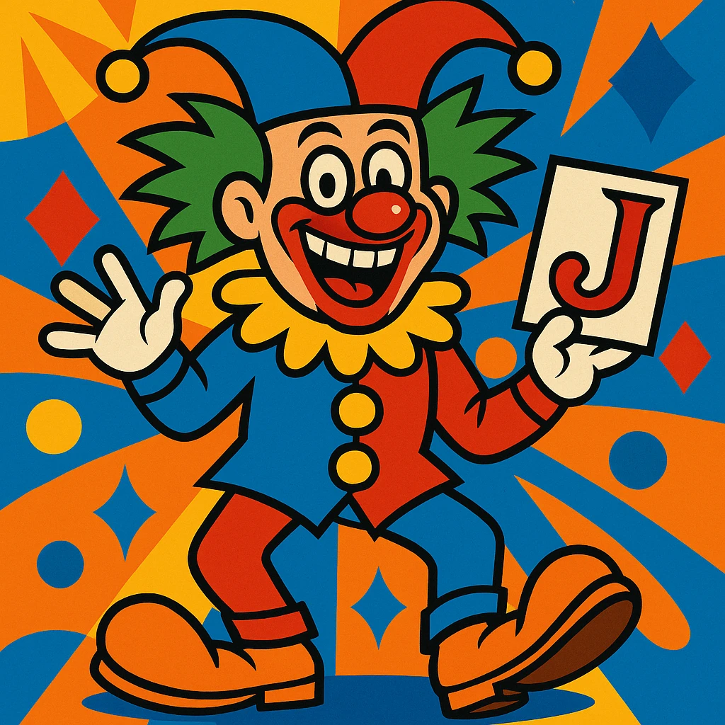 funny joker clown as a playing card character, oversized shoes, wild hair, lively background emoji