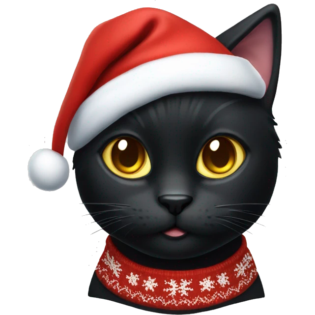 black cat wearing christmas sweater and santa hat emoji