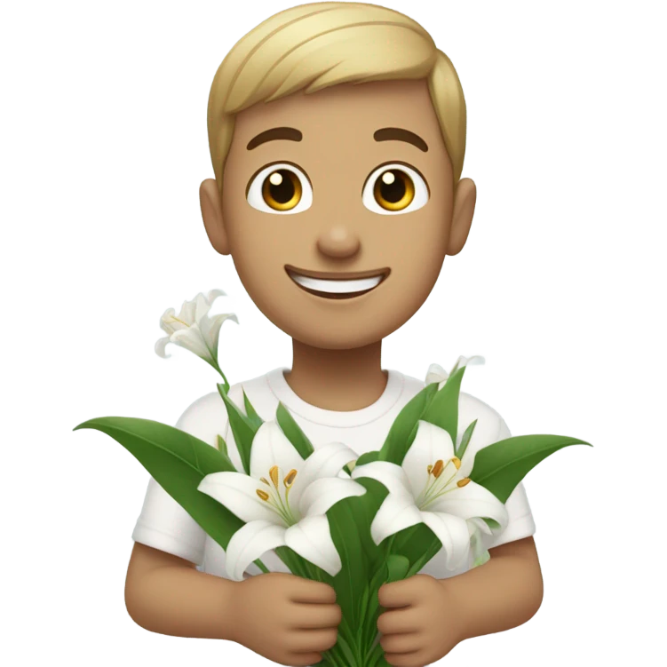 a disabled boy holding a bunch of white lily smiling emoji