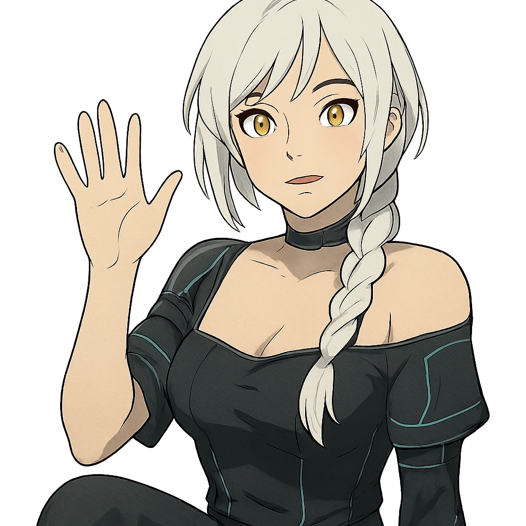  she is waving hello greetings, a closeup portrait of young woman with gold yellow eyes, white hair, long braid, black off-shoulder top d-cup, punk gothic style, futuristic cyberwave cyberpunk, sitting position
 emoji