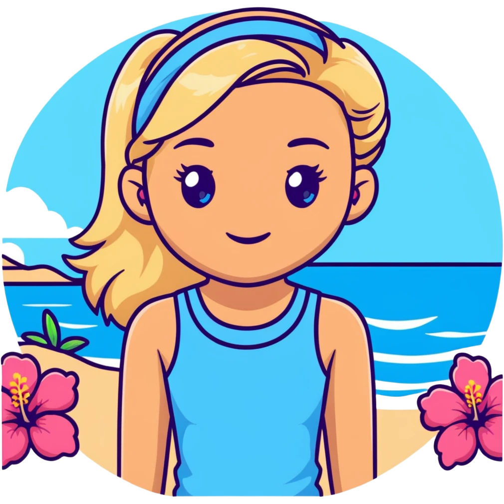 preppy coastal teen girl with blue eyes, beach blonde hair, tan skin, hibiscus flower in her ear, preppy beach outfit emoji