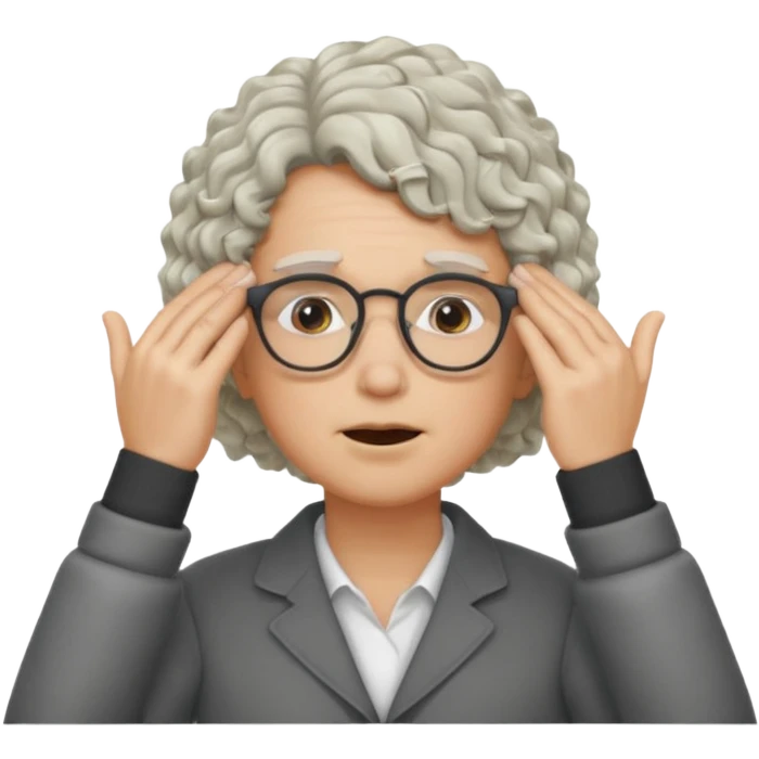 curly blonde/gray hair, glasses, face palm duh emoji