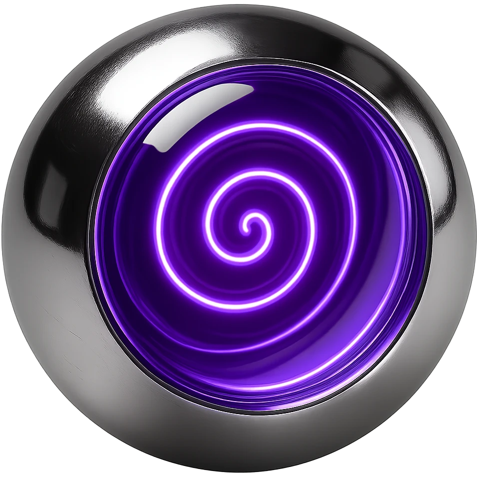 Increase the glow effect of the purple spiral inside the translucent chrome sphere, making the glow more intense and radiant, with no background. emoji