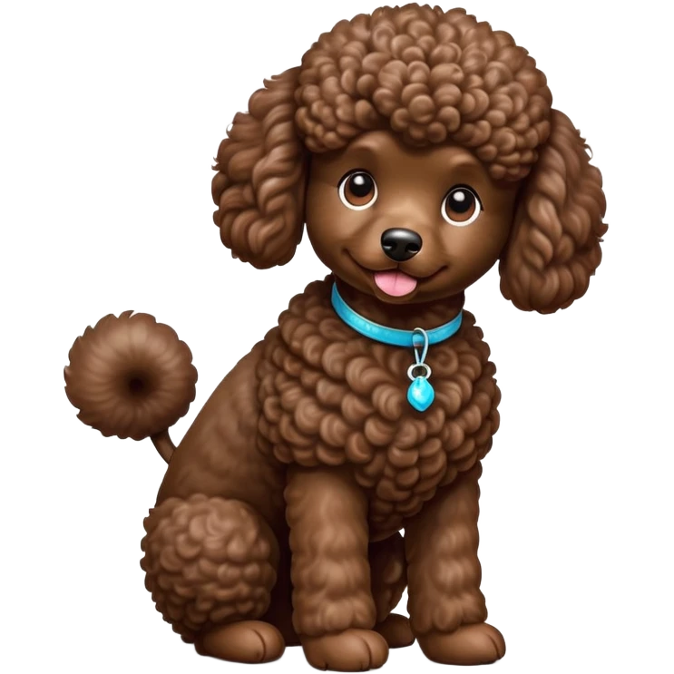 cinematic-[poodle]-realistic-full-body-sitting-emoji,-tail-resting-loosely-beside-its-paws,-head-tilted-dramatically, -curly-[chocolate]-fur,-simplified-yet-realistic-focused-features,-highly-detailed,-glowing-with-an-almost-sarcastic-glow emoji