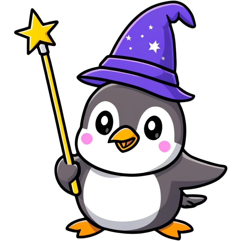 cartoon penguin wizard with a starry hat and magic wand, vibrant colors emoji