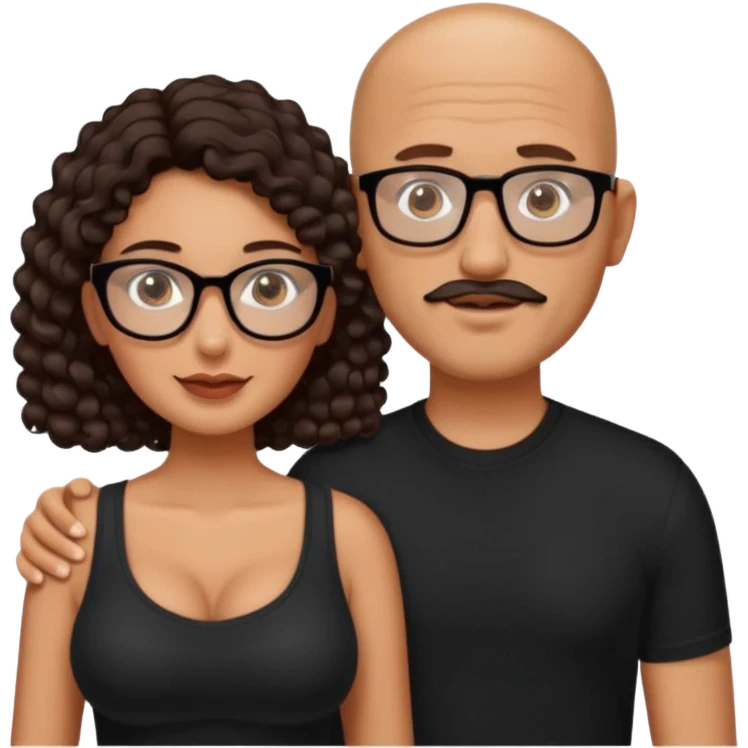 A picture of a tanned couple. the man is a Mexican man with tanned skin, with a bald hair cut, short beard and wearing a black shirt, no glasses. the woman is wearing rectangle shaped glasses, with long curly dark brown hair and with big boobs  emoji