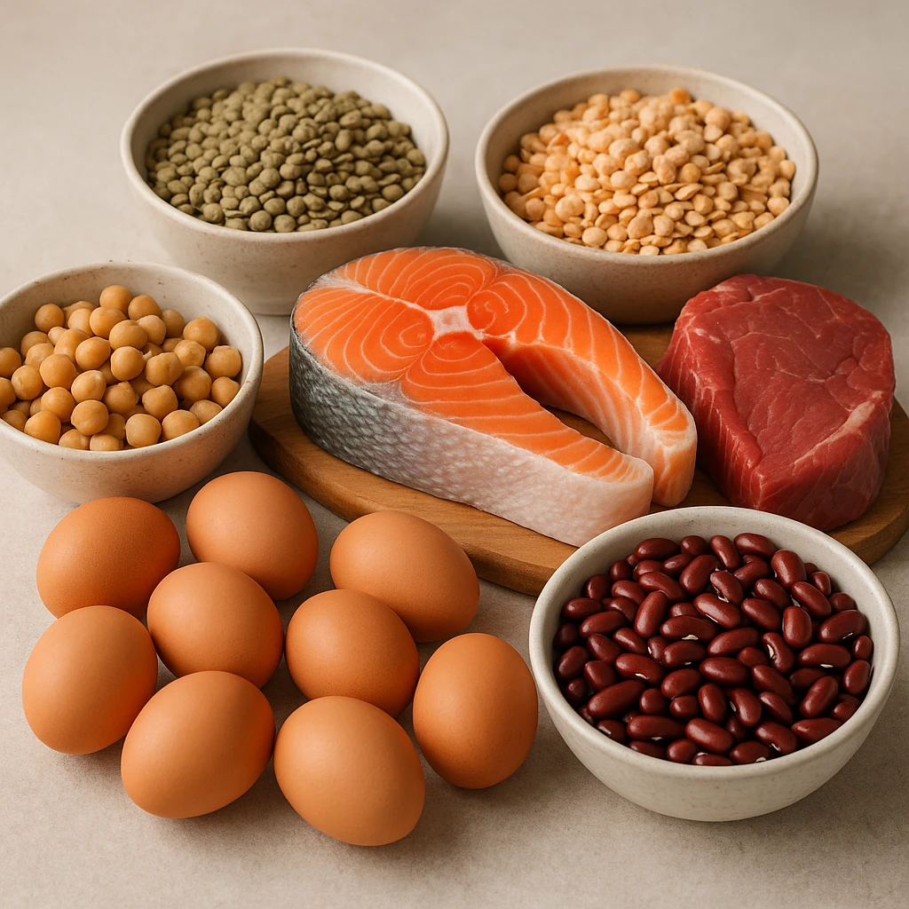 realistic photographic image of protein-rich foods including meat, fish, eggs, and legumes, natural details, neutral background emoji