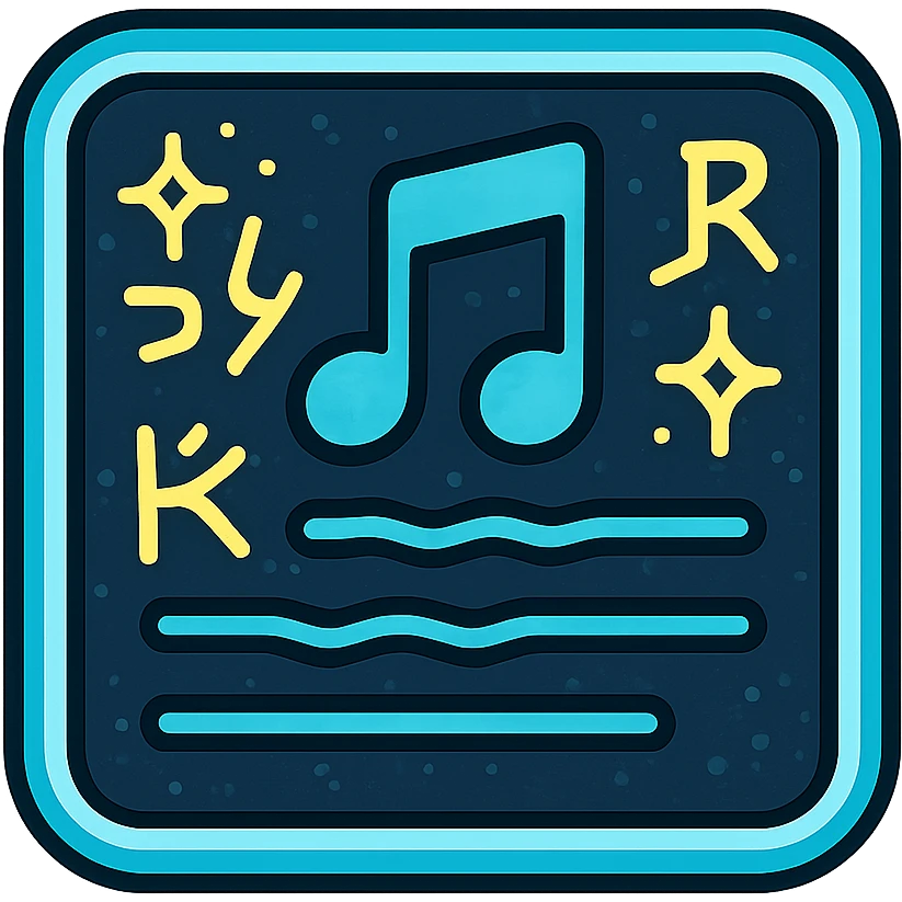 icono de letras de canciones con textura antigua-futurista y glifos brillantes, borde de neón azul claro, efecto animado de glifos y resplandor emoji