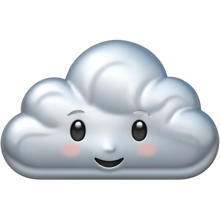 A cute cloud emoji made of silver chrome, smooth rounded shape, glossy metallic surface, soft reflections, minimal and friendly design, iOS emoji style, centered, clean white background, soft lighting emoji