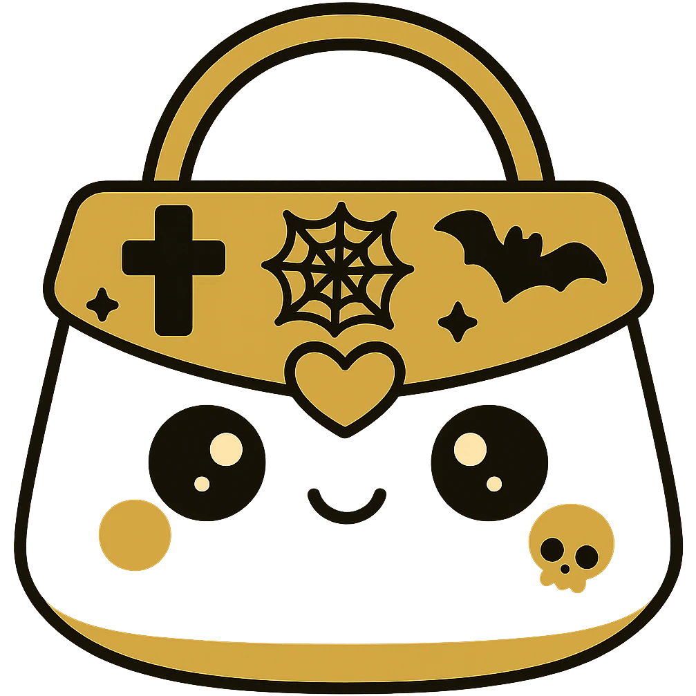 Change the color scheme to gold and black. Create a gothic kawaii purse with big eyes, smiling, cartoonish and playful style. Include gothic details like crosses, spiderwebs, bats, and skulls. Remove the background completely. emoji