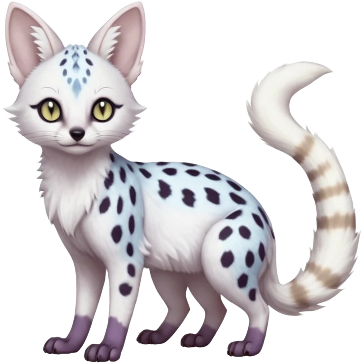 White Albino frosty snow-white whitish pastel-grey-spotted Serval-Civet-Genet-Trico-Furret-Linoone-Noibat-Espeon-Fakémon-Pokémon-animal-hybrid-fusion-creature (full body) with vibrant glowing eyes, cute, elegant, soft, realistic, pastel fur emoji