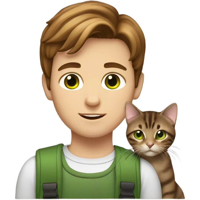 Boy with brown hair holding a brown tabby cat with green eyes  emoji