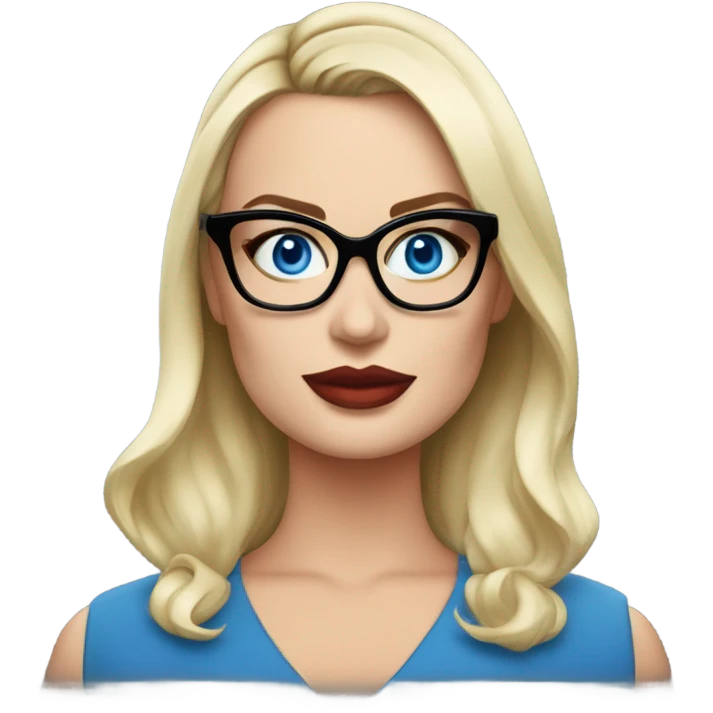 Real margot robbie secretary,  bright blue eyes, wearing black glasses  emoji