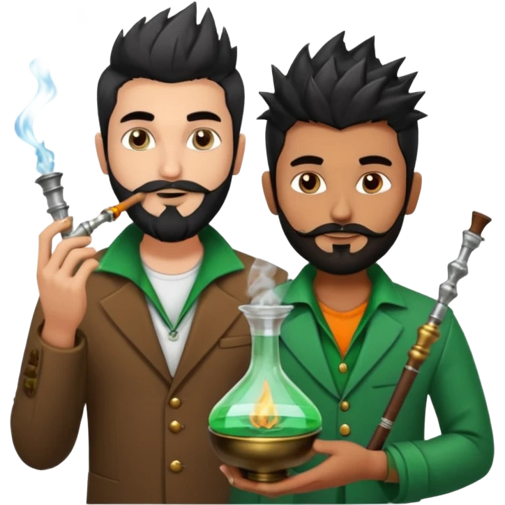 Brass hookah with green design on a glass water base on the top; with two smoke pipes where people are holding them and smoking - one white guy with spikes (silver and black hair) and another Tamil handsome with little beard Indian guy. The Tamil guy is not having spiky hair  emoji