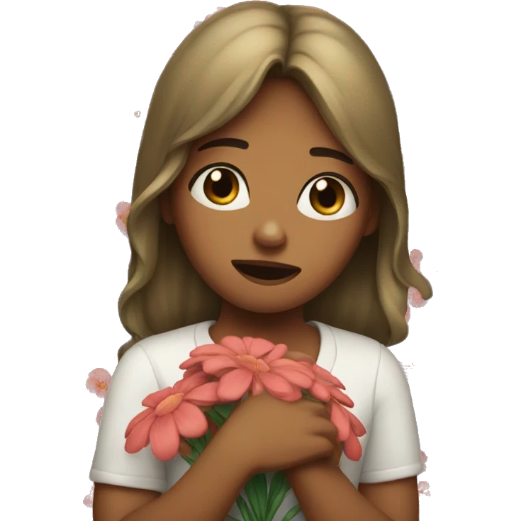 The girl is crying with flowers in her hands. emoji