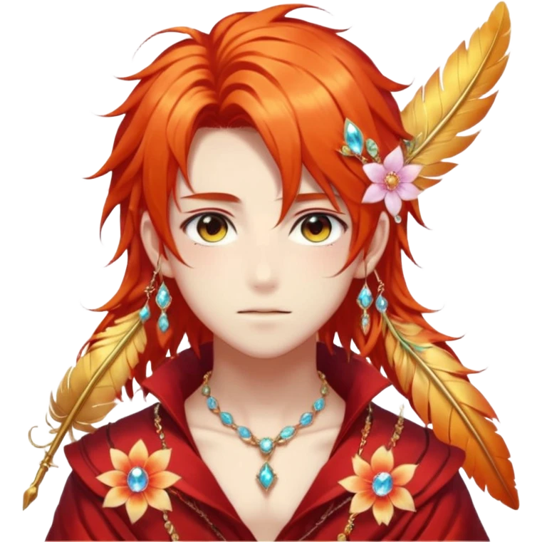 Beautiful gorgeous anime boy with beautiful fiery-special-medium-long-hair, fashion aesthetic, ethereal, fairycore, pastelcore, feather, flower, gems, accessories, jewelries, gold, colorful emoji