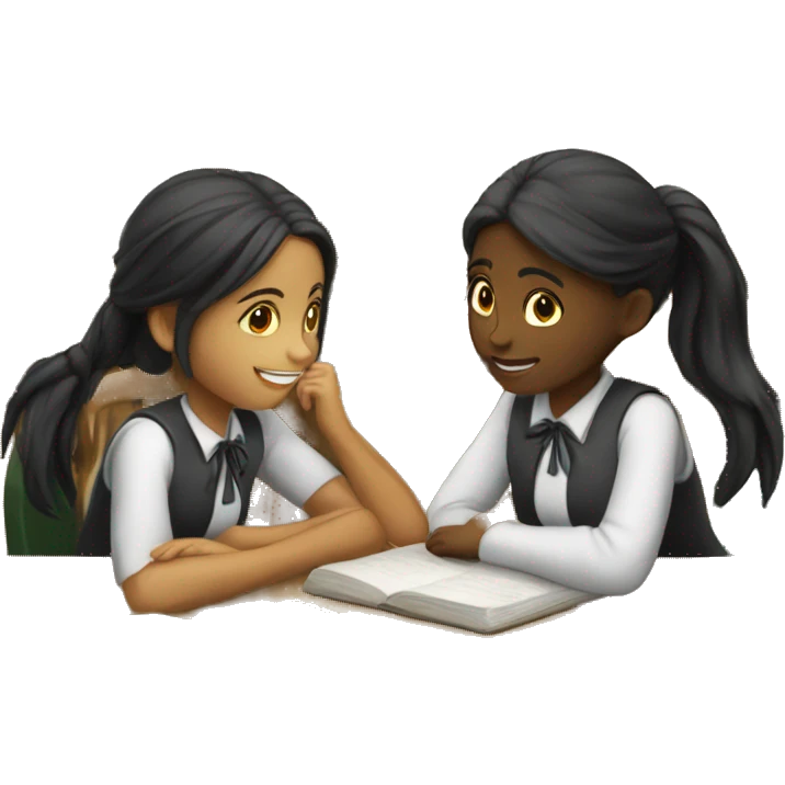 Two schoolgirl at the table are talkng emoji