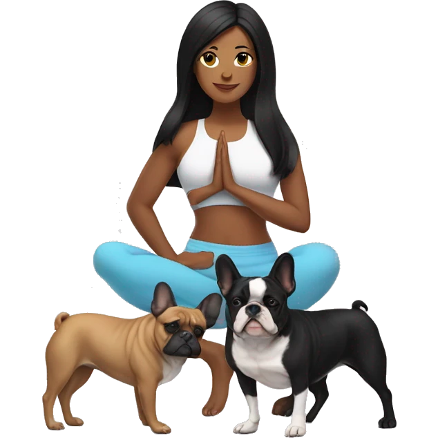 latin women with long black hair in yoga outfit standing alongside two french bulldogs  emoji
