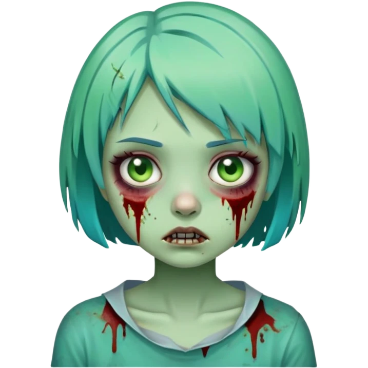 cartoon zombie girl with short turquoise hair bob cut, green decaying skin, bloody scars emoji