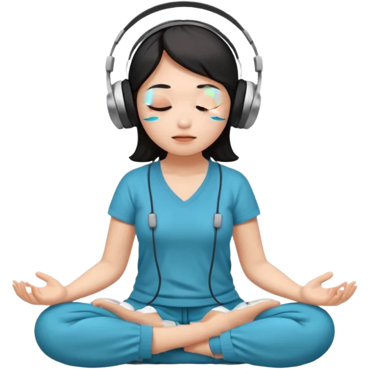 An East Asian woman🧘🏻‍♀️ is sitting cross-legged in a meditation pose, wearing Apple headphones🎧 and listening to music. The song is so beautiful that she has her eyes closed and tears streaming down her face. emoji