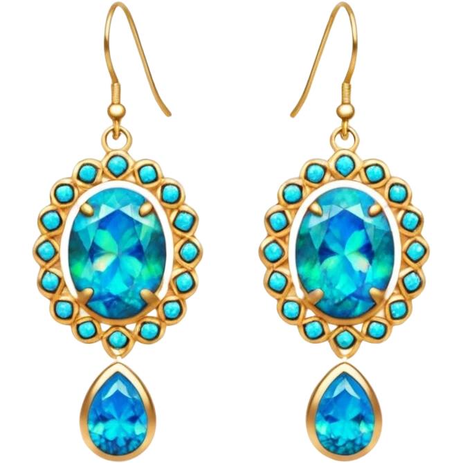 8k, 10000px, isolated, 3D rendering, very glamorous style, hyper realistic sparkling gold earrings, with detailed, realistic, vivid multicolors, multidimensional sparkle, black opal gemstones in the center of each earring. Include more turquoise blue emoji