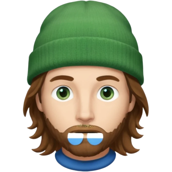 white man
aged 40
Blue eyes, 
mid length brown wavy hair
Green beanie hat emoji