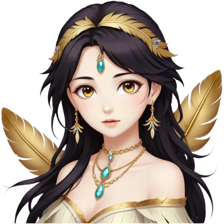 Beautiful gorgeous anime lady with beautiful dark-brown-special-hair, fashion aesthetic, ethereal, feather, accessories, gold jewelries, gold, colorful,  emoji