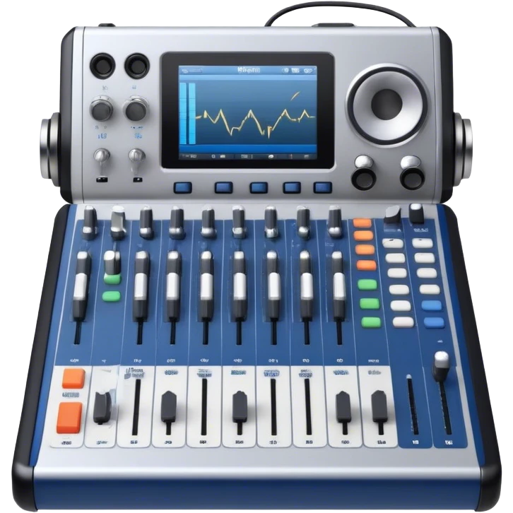 Create a professional and technical emoji that represents sound engineering. The design should feature a sound mixing console with faders, a pair of studio headphones, and audio waveforms to symbolize the precision and technicality of sound mixing and mastering. Include elements like a microphone or audio cables to reflect the recording aspect. Use colors like silver, black, and dark blue to represent the technical, yet artistic side of sound engineering. The background should be transparent. emoji