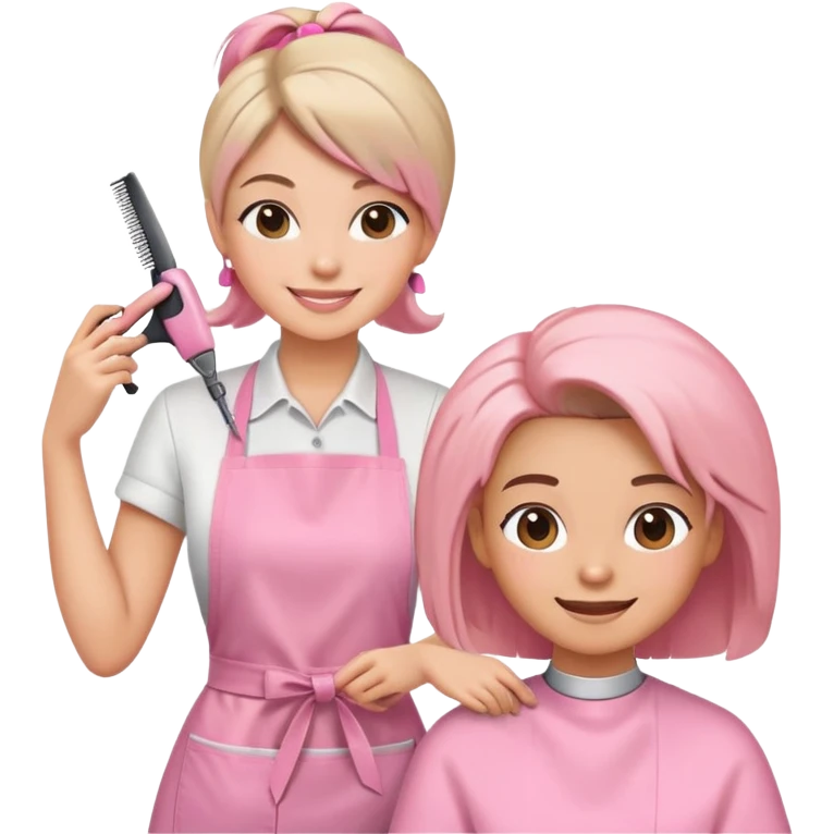 happy woman in pink apron getting a haircut from smiling female hairstylist emoji