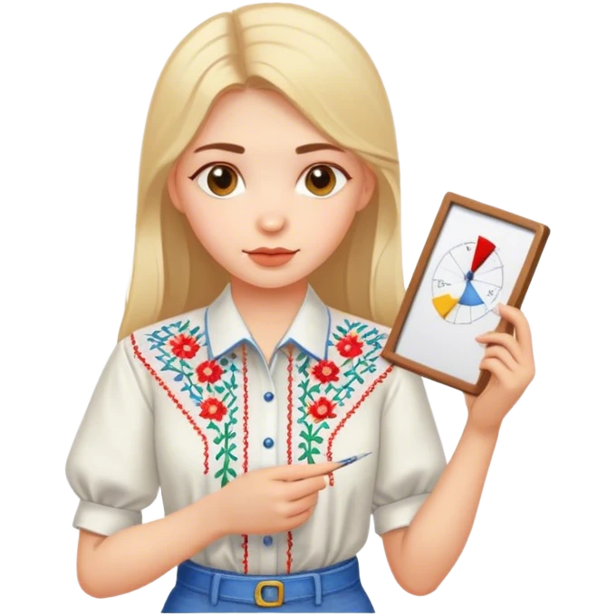 A Ukrainian girl in an embroidered shirt holds a diagram emoji