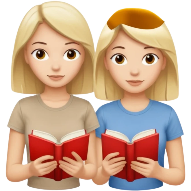 Two beautiful girls read book. Brunette and blonde in beige T-shirts  emoji