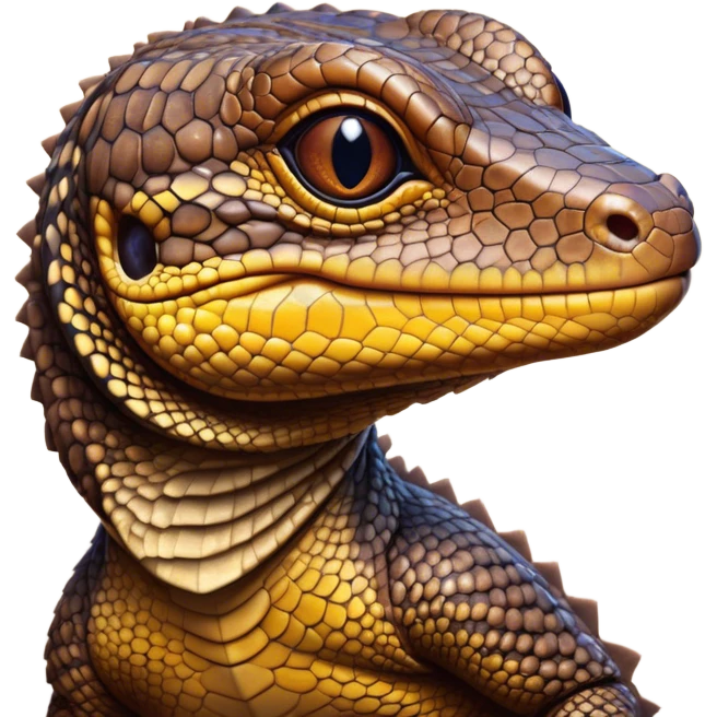 Cinematic Cute brown camo spotted monitor Lizard Portrait Emoji, Head tilted playfully and inquisitively, with a sleek, patterned body accented by vibrant hues and round, sparkling eyes full of wonder, Simplified yet irresistibly adorable features, highly detailed, glowing with a warm, friendly glow, high shine, affectionate and lively, stylized with a touch of exotic charm, bright and endearing, soft glowing outline, capturing the essence of a mischievous yet captivating lizard that seems as if it could scuttle out of the screen into your arms! emoji