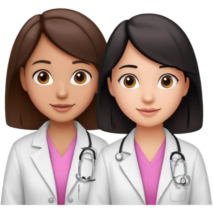 cientificas con blusa rosa y bata blanca felices, una chica con pelo marrón y otra chica un poco mas pequeña con pelo negro, deben tener la piel un poco brinceadas emoji