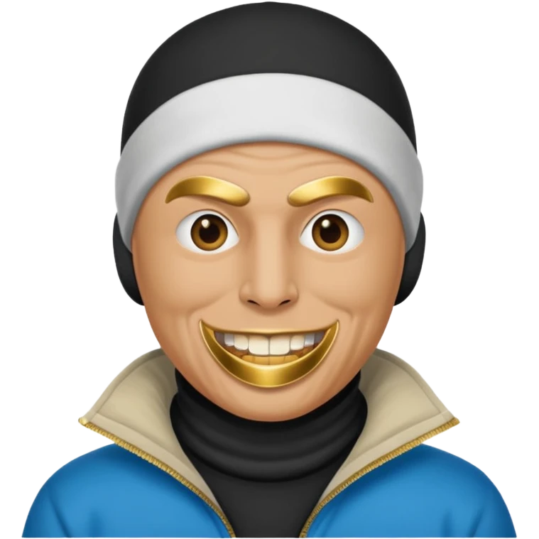 A bald guy wearing a ski mask with gold teeth emoji