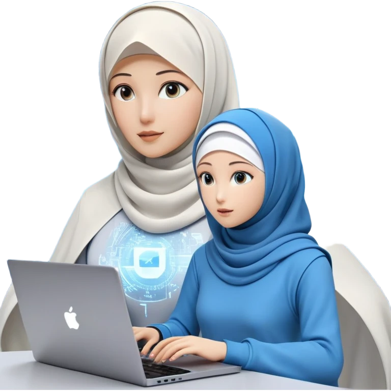 computer engineer with white hijab wearing blue outfit, with her metaverse creation coming to life around her, digital elements and code escaping from the screen behind her, virtual objects and holograms materializing in 3D space around her, laptop in front of her, her digital world extending beyond the screen into reality emoji
