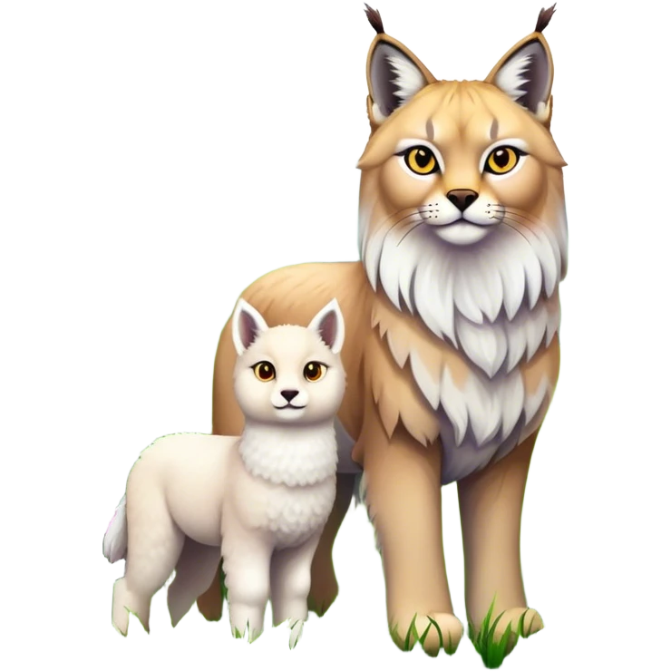 Collage of exotic animals: a lynx with striking eyes, and a fluffy alpaca standing in a lush meadow. The lynx gazes intently while the alpaca looks calm and curious. Surrounded by vibrant plants and flowers. Transparent background for a lively, colorful scene. emoji