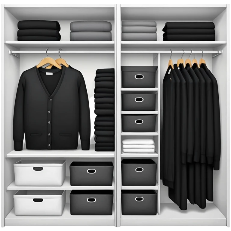 Closet organizer with visible compartments filled with black long sleeve shirts, sweaters and work clothes emoji