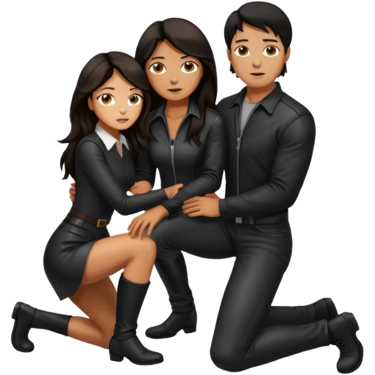 Tan skin with freckles, long dark hair, hazel eyes Dominatrix standing over a dark haired man who is kneeling at her knees emoji
