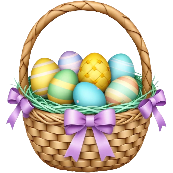 3D emoji of a colorful Easter basket filled with decorated eggs, pastel ribbons, and a woven texture in glossy emoji style. emoji