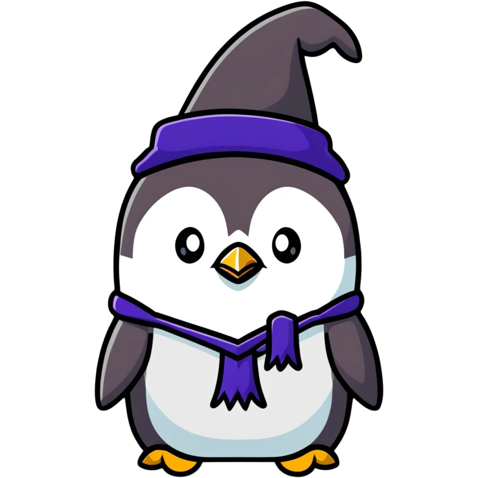 penguin wizard, cartoonish sticker style, bold and colorful, no text emoji