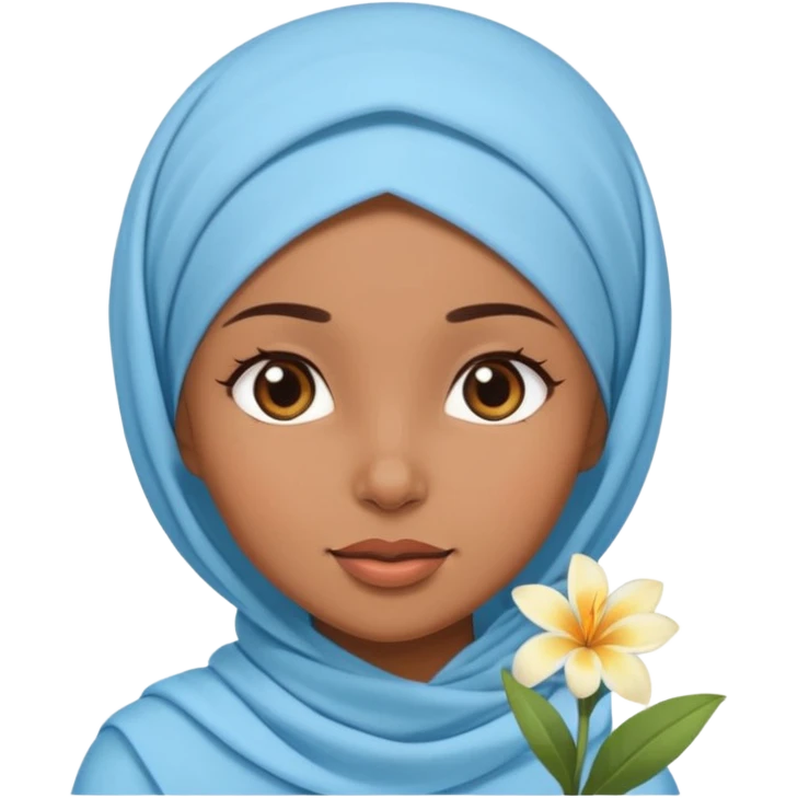 brown-skinned girl with a light blue hijab and a small tropical flower on her head, winking emoji