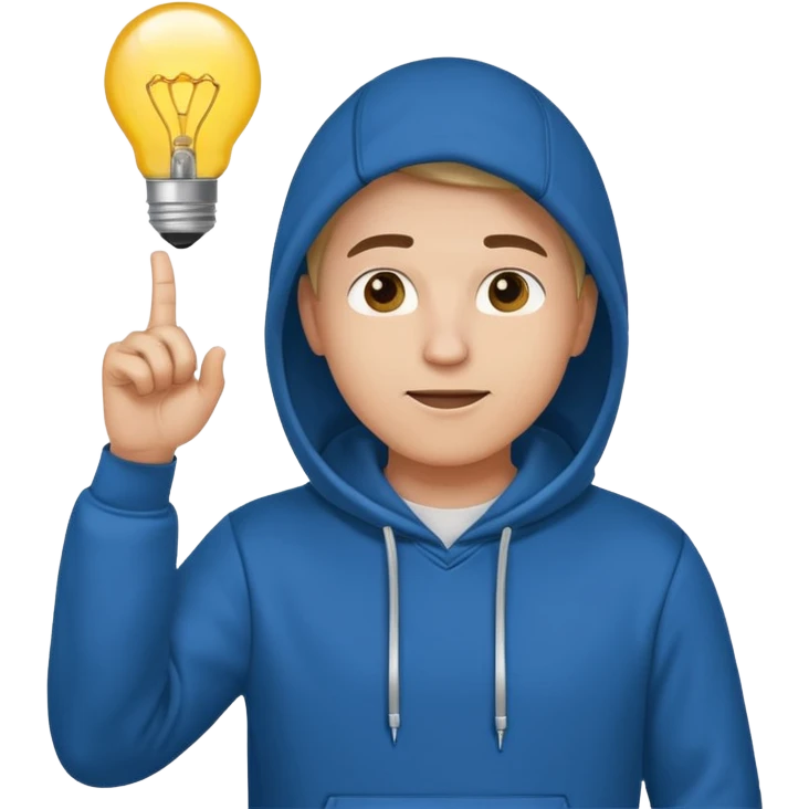startup founder in casual hoodie, light bulb above head, finger pointing up, emoji style emoji
