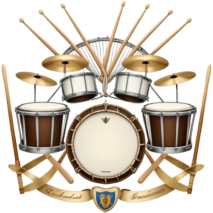 Create a complex, festive, and professional emblem-like emoji representing percussion instruments. The design should resemble a heraldic crest, featuring iconic drums and percussion such as a snare drum, bass drum, timpani, cymbals, marimba, and tambourine, arranged in a balanced and symmetrical composition. Drumsticks should cross elegantly at the center, symbolizing rhythm and energy. A flowing ribbon of musical notes should weave dynamically around the instruments, enhancing the celebratory and grand aesthetic. Ornate elements such as laurel wreaths, swirls, or subtle engravings should emphasize the prestige and importance of percussion in music. The color palette should include rich gold, deep mahogany, and silver, with refined highlights and shading for a polished, three-dimensional effect. The overall composition should be harmoniously structured, visually complete, and suitable as a standalone emblem. The background should be transparent. emoji