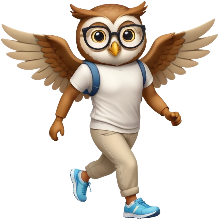 friendly anthropomorphised owl with wings instead of arms, in pants and a shirt, wearing glasses, jogging upright, relaxed pose emoji